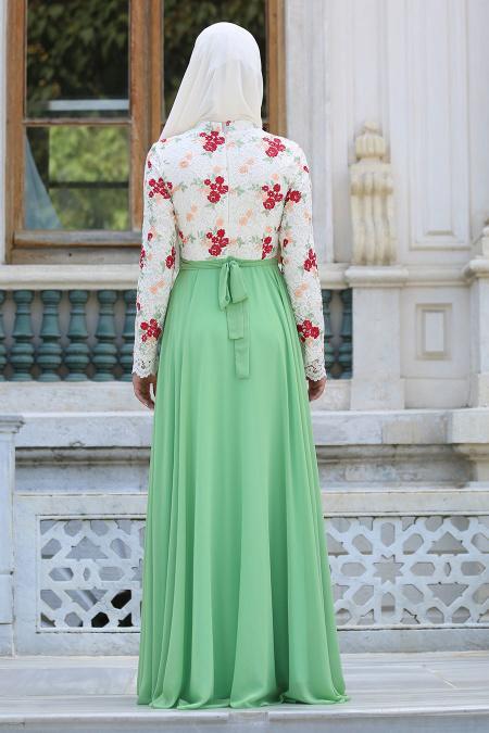 Evening Dresses - Pistachio Green Hijab Dress 7617FY - 3