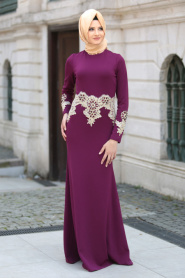 Evening Dresses - Plum Color Hijab Dress 10033MU - Thumbnail