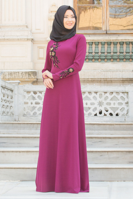 Evening Dresses - Plum Color Hijab Dress 10036MU