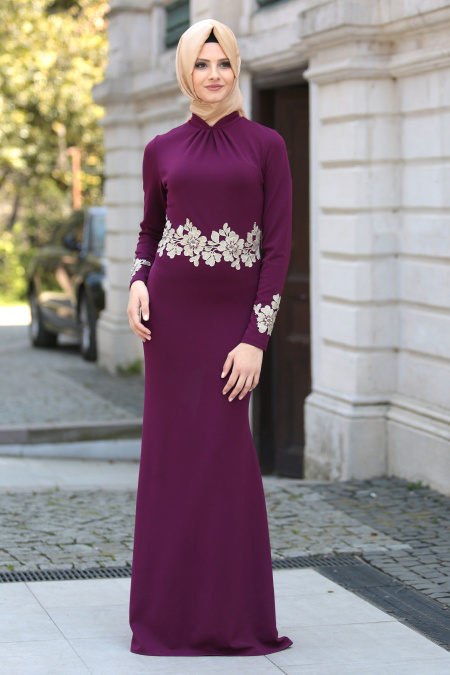 Evening Dresses - Plum Color Hijab Dress 10048MU