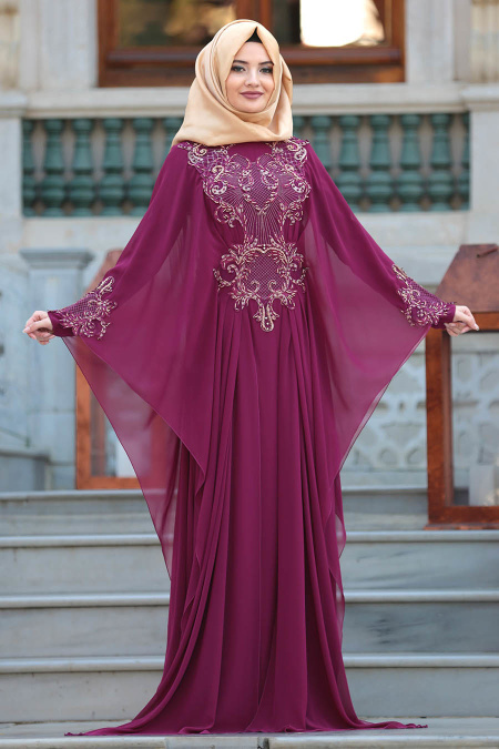 Evening Dresses - Plum Color Hijab Dress 105MU
