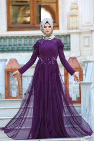 Evening Dresses - Plum Color Hijab Dress 115MU - Thumbnail