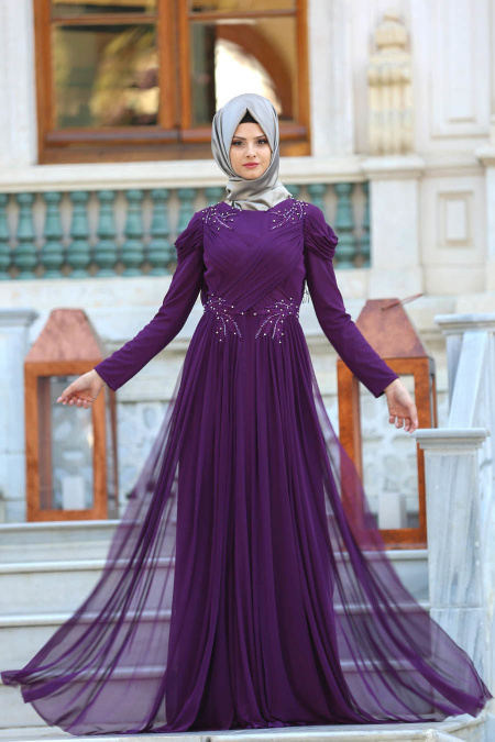 Evening Dresses - Plum Color Hijab Dress 115MU