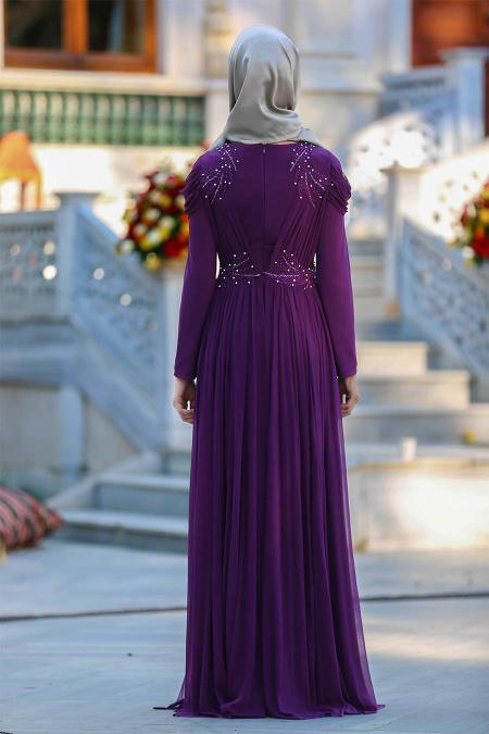 Evening Dresses - Plum Color Hijab Dress 115MU - 2