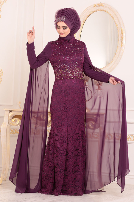 Evening Dresses - Plum Color Hijab Dress 20080MU
