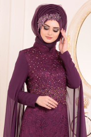 Evening Dresses - Plum Color Hijab Dress 20080MU - Thumbnail