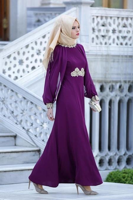 Evening Dresses - Plum Color Hijab Dress 2137MU - 2