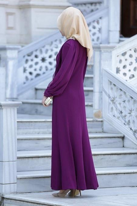 Evening Dresses - Plum Color Hijab Dress 2137MU - 3