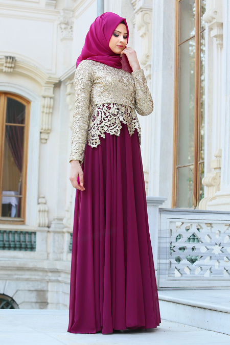 Evening Dresses - Plum Color Hijab Dress 2162MU