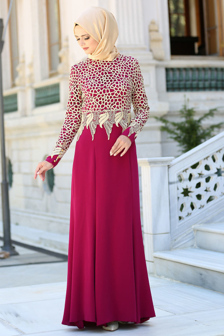 Evening Dresses - Plum Color Hijab Dress 2165MU