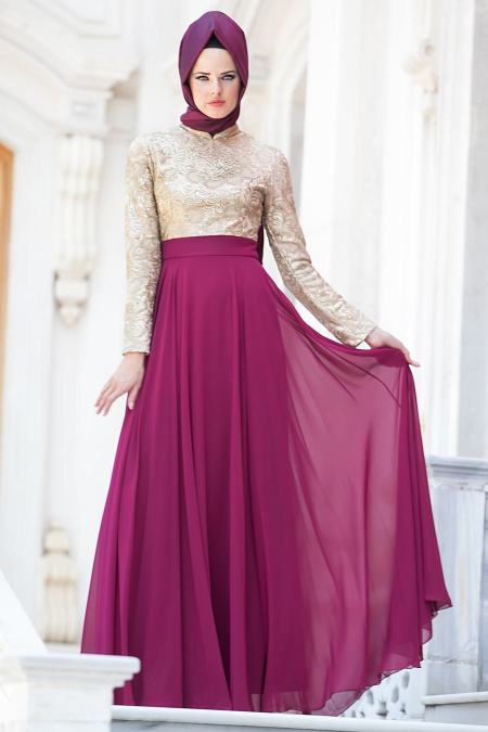 Evening Dresses - Plum Color Hijab Dress 2189MU