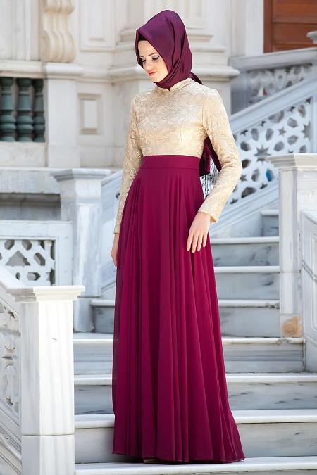 Evening Dresses - Plum Color Hijab Dress 2189MU - 2