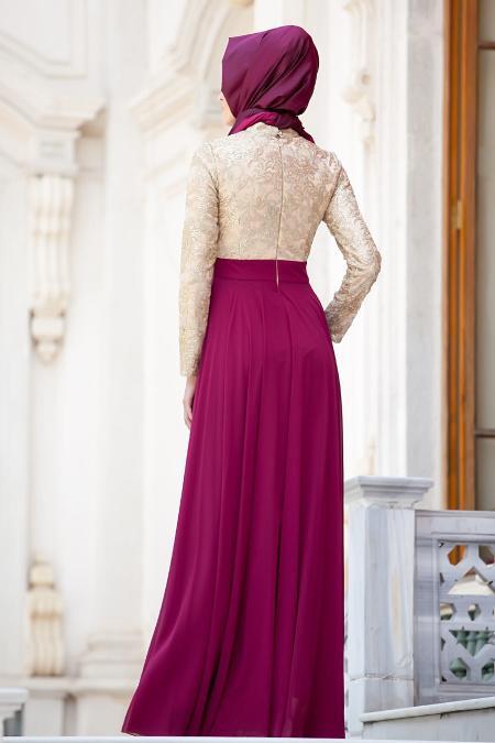 Evening Dresses - Plum Color Hijab Dress 2189MU - 3