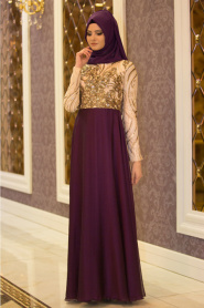 Evening Dresses - Plum Color Hijab Dress 2221MU - Thumbnail