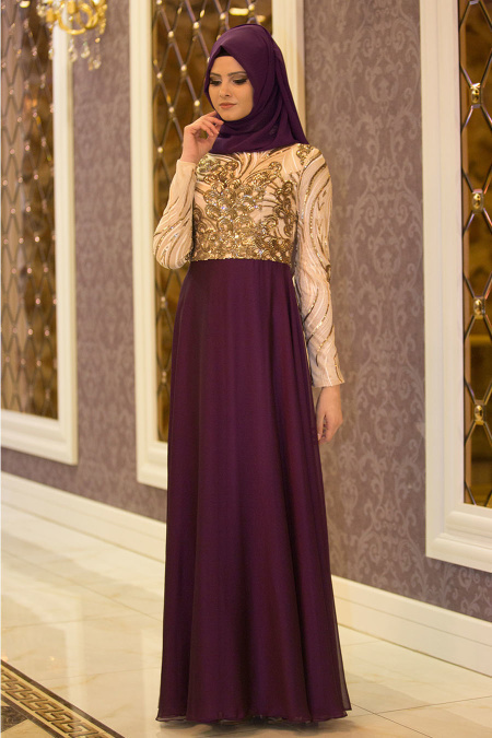 Evening Dresses - Plum Color Hijab Dress 2221MU