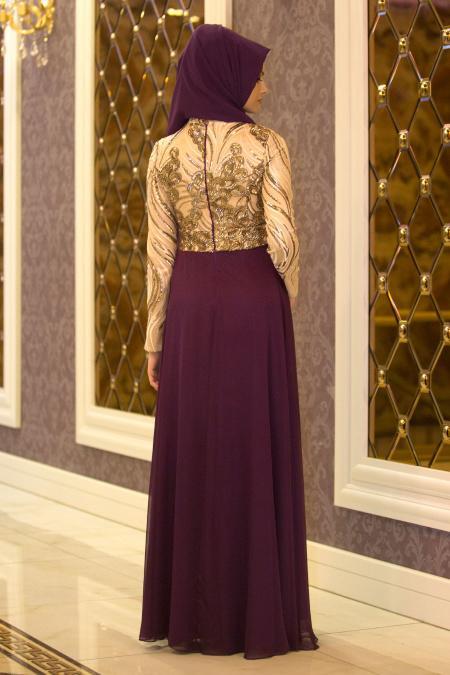 Evening Dresses - Plum Color Hijab Dress 2221MU - 2