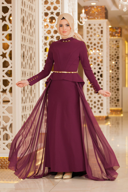 Evening Dresses - Plum Color Hijab Dress 2231MU