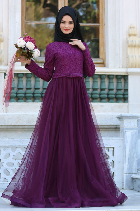 Evening Dresses - Plum Color Hijab Dress 2299MU