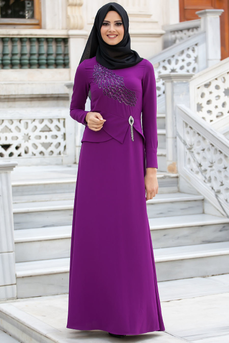 Evening Dresses - Plum Color Hijab Dress 3016MU