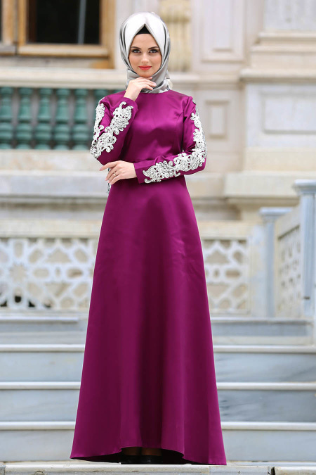 Evening Dresses - Plum Color Hijab Dress 3519MU
