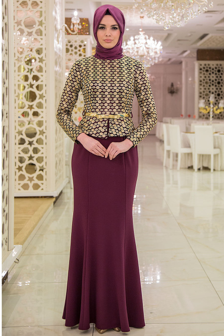 Evening Dresses - Plum Color Hijab Dress 3810MU