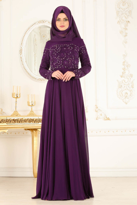 Evening Dresses - Plum Color Hijab Dress 4332MU