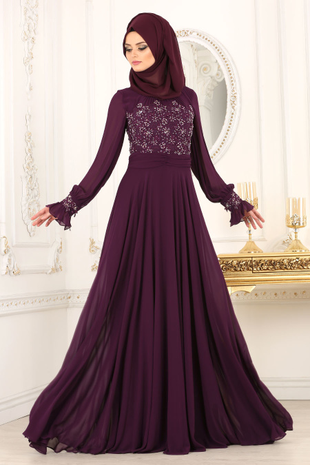 Evening Dresses - Plum Color Hijab Dress 4334MU