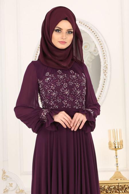 Evening Dresses - Plum Color Hijab Dress 4334MU - 2