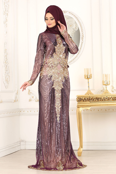 Evening Dresses - Plum Color Hijab Dress 4346MU