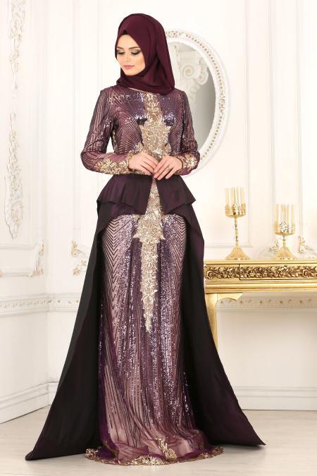 Evening Dresses - Plum Color Hijab Dress 4346MU - 2