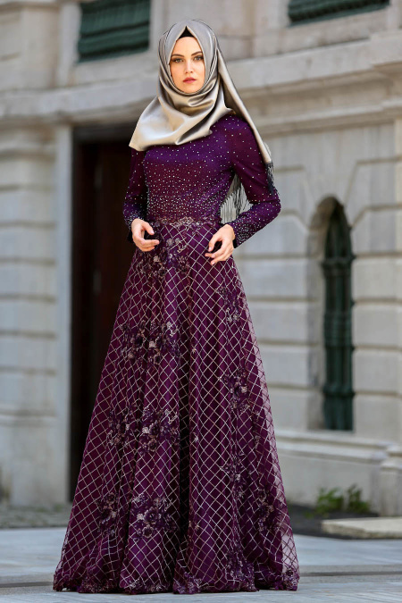 Evening Dresses - Plum Color Hijab Dress 4394MU