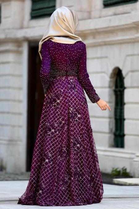 Evening Dresses - Plum Color Hijab Dress 4394MU - 2