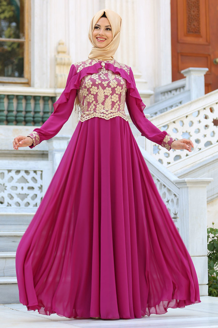 Evening Dresses - Plum Color Hijab Dress 7498MU