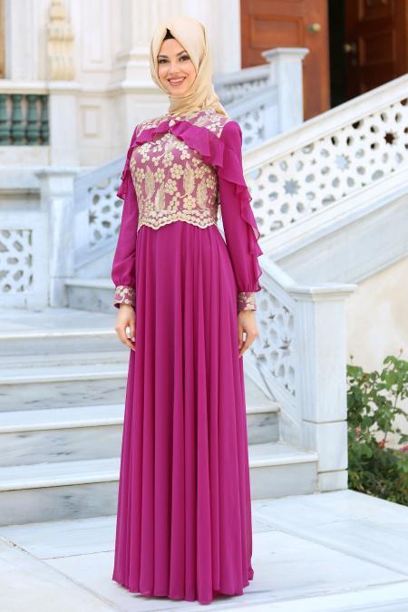 Evening Dresses - Plum Color Hijab Dress 7498MU - 2
