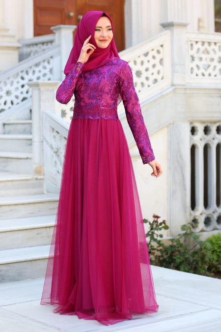 Evening Dresses - Plum Color Hijab Dress 7554MU