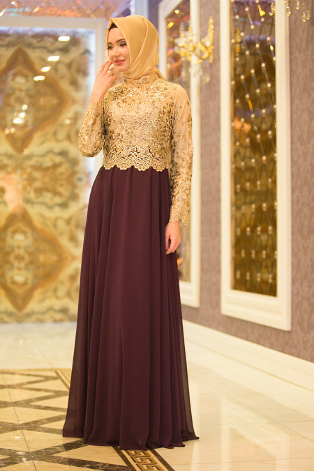 Evening Dresses - Plum Color Hijab Dress 7565MU