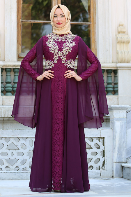Evening Dresses - Plum Color Hijab Dress 7623MU