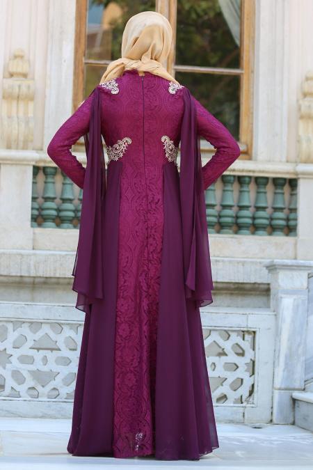 Evening Dresses - Plum Color Hijab Dress 7623MU - 2