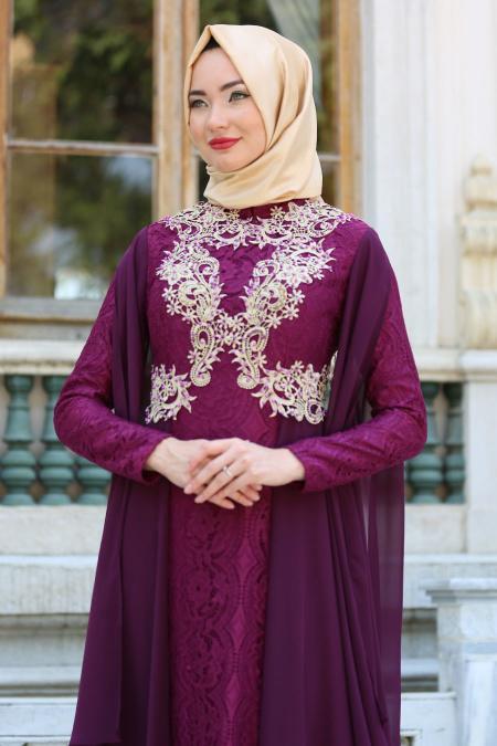 Evening Dresses - Plum Color Hijab Dress 7623MU - 3