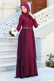 Evening Dresses - Plum Color Hijab Dress 7624MU - Thumbnail