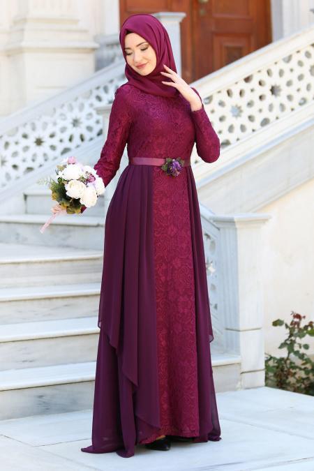 Evening Dresses - Plum Color Hijab Dress 7624MU - 4