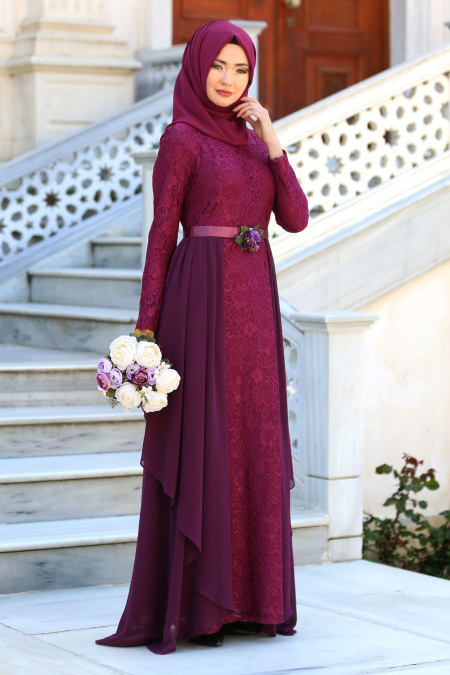 Evening Dresses - Plum Color Hijab Dress 7624MU