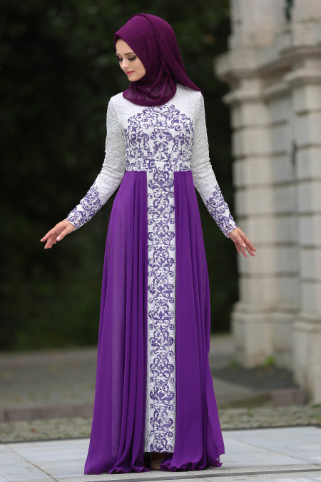 Evening Dresses - Plum Color Hijab Dress 7784MU