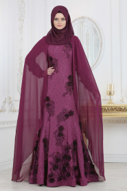 Evening Dresses - Plum Color Hijab Evening Dress 110MU - Thumbnail