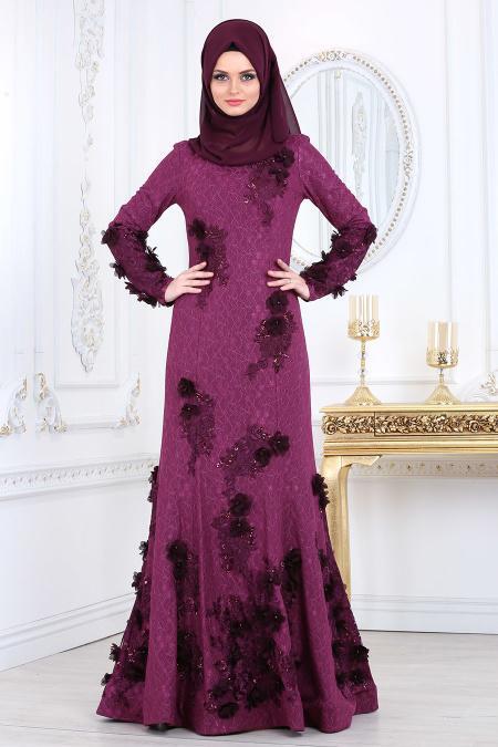 Evening Dresses - Plum Color Hijab Evening Dress 110MU - 2