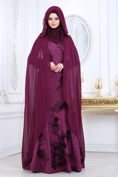 Evening Dresses - Plum Color Hijab Evening Dress 110MU - 3