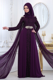Evening Dresses - Plum Color Hijab Evening Dress 20100MU - Thumbnail