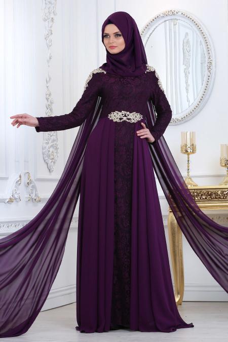 Evening Dresses - Plum Color Hijab Evening Dress 20100MU - 2