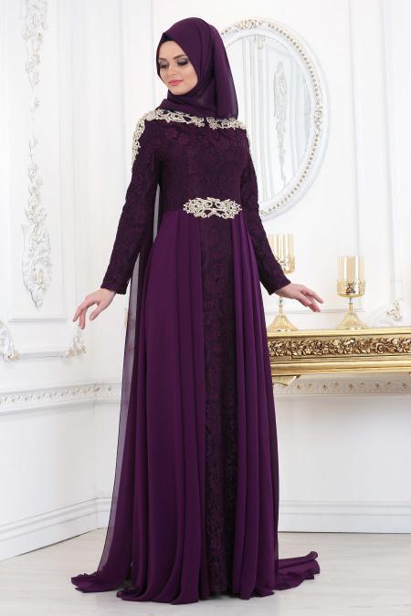 Evening Dresses - Plum Color Hijab Evening Dress 20100MU - 3