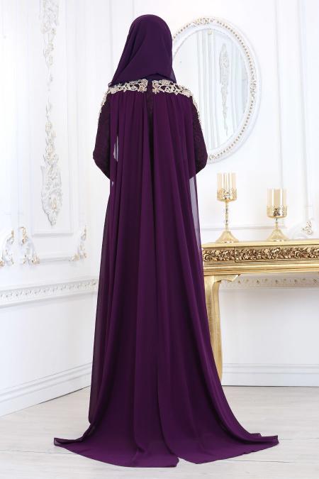 Evening Dresses - Plum Color Hijab Evening Dress 20100MU - 4